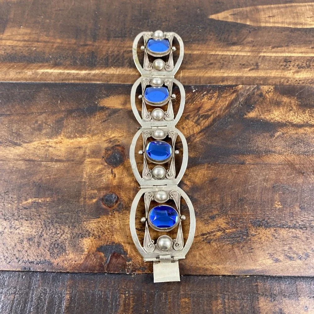 Vintage MEXICO WIDE Silver Sterling  Bracelet‎ Blue ENGRAVED Stones .925